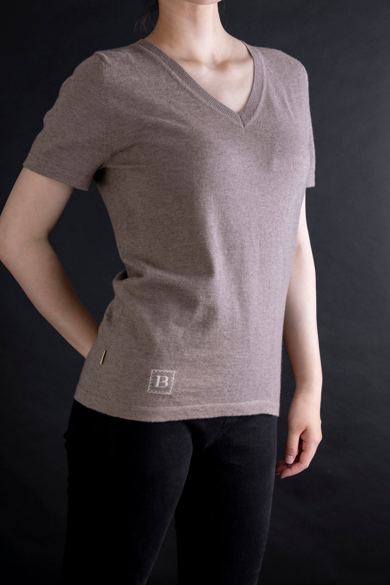 カシミヤ Vネック フィットTシャツ / ブラウン